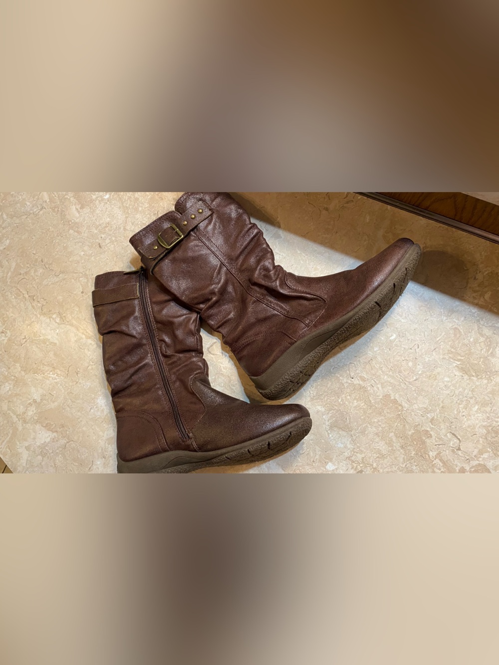 Judith Dark Brown Leather Mid-Calf Zip & Buckle Boots